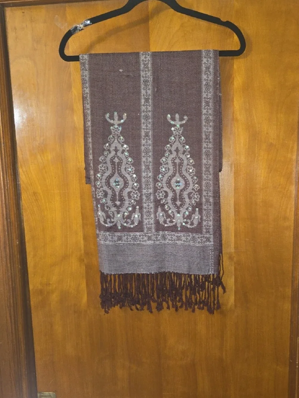 Embellished Paisley Fringe Scarf in Brown and Cream